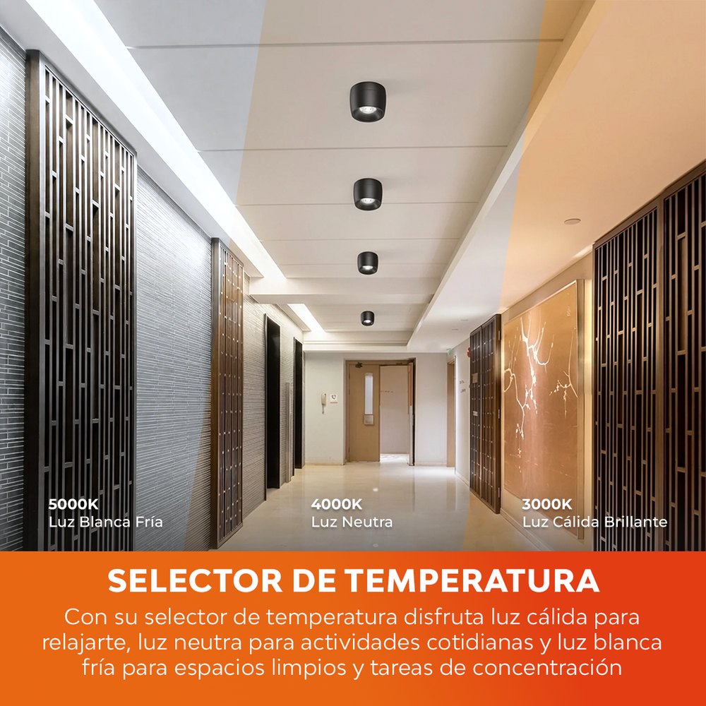 Selector de temperatura de VELORA I en un pasillo: luz cálida, neutra o blanca fría (foto oficial Tecnolite)