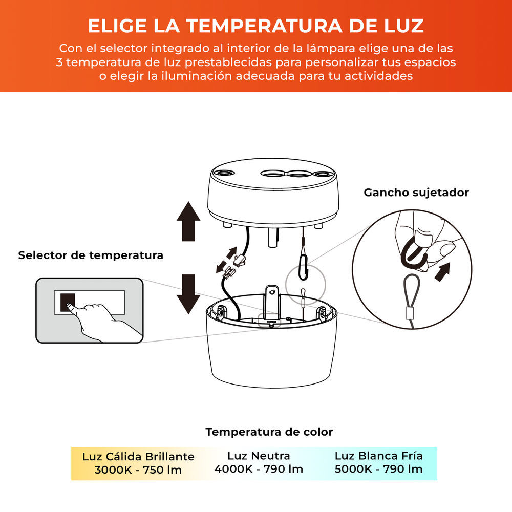 Elige la temperatura de luz de VELORA I con su selector integrado: 3000 K, 4000 K o 5000 K