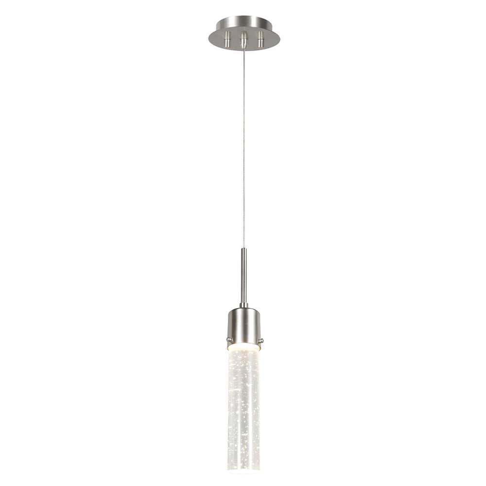 VETRO I lámpara colgante LED con tubo de cristal con burbujas y soporte níquel satinado, encendida, fondo blanco