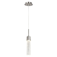 VETRO I lámpara colgante LED con tubo de cristal con burbujas y soporte níquel satinado, encendida, fondo blanco