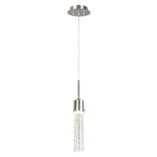 VETRO I lámpara colgante LED con tubo de cristal con burbujas y soporte níquel satinado, encendida, fondo blanco – Lámpara de Diseño Báez Lumina