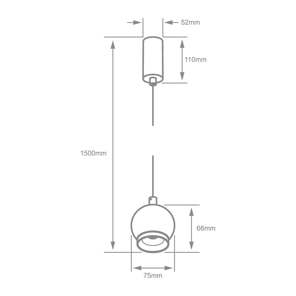Dibujo técnico de HELVETIOS II: 1500 mm de altura y esfera de 75 mm de diámetro