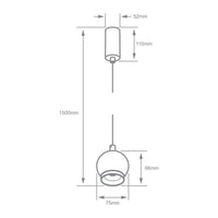 Dibujo técnico de HELVETIOS II: 1500 mm de altura y esfera de 75 mm de diámetro