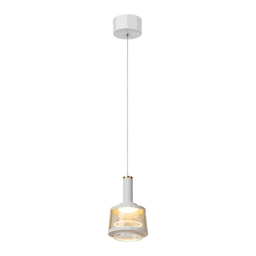 VIRGIS I lámpara colgante LED blanca con pantalla de cristal ámbar, encendida, fondo blanco – Lámpara de Diseño Báez Lumina