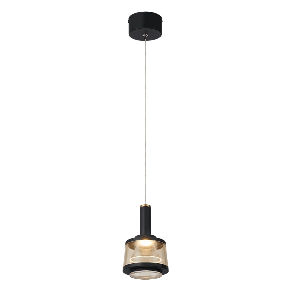 VIRGIS I lámpara colgante LED negra con pantalla de cristal ámbar, encendida, fondo blanco