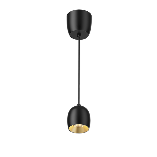 HAURYX lámpara colgante LED negra con pantalla tipo copa y florón cónico, aro interior dorado, fondo blanco – Lámpara de Diseño Báez Lumina