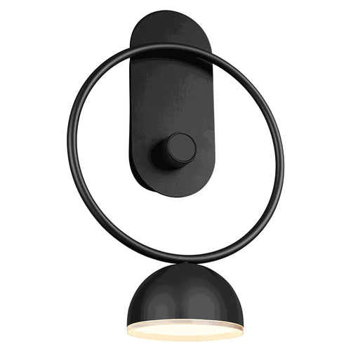 LEO II arbotante LED negro con aro circular y pantalla semiesférica, fondo blanco – Lámpara de Diseño Báez Lumina