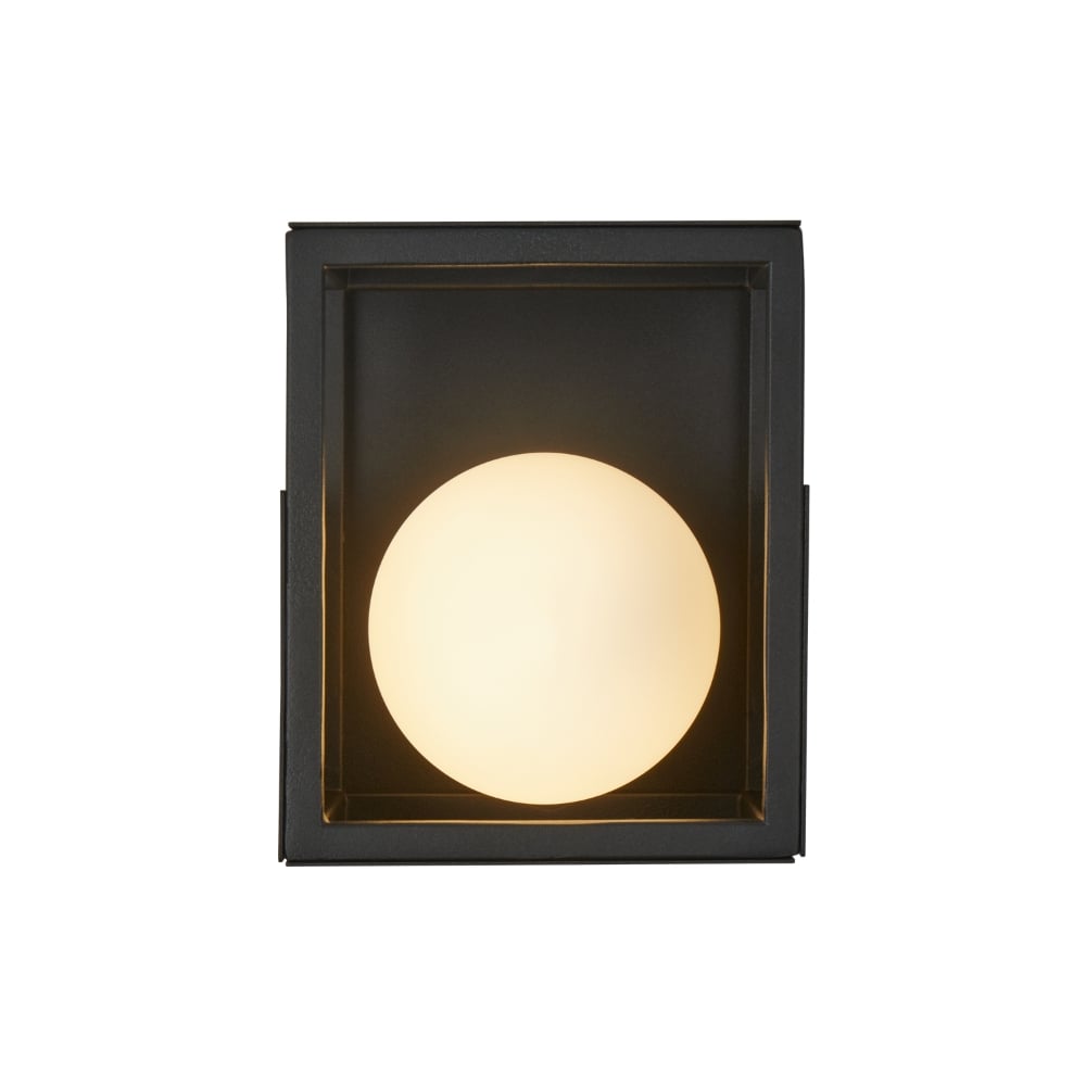 BOITE cubo negro con esfera opalina encendida, vista frontal, fondo blanco