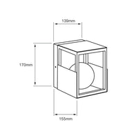Dibujo técnico de BOITE: 170 mm de alto, 139 mm de ancho y 155 mm de fondo