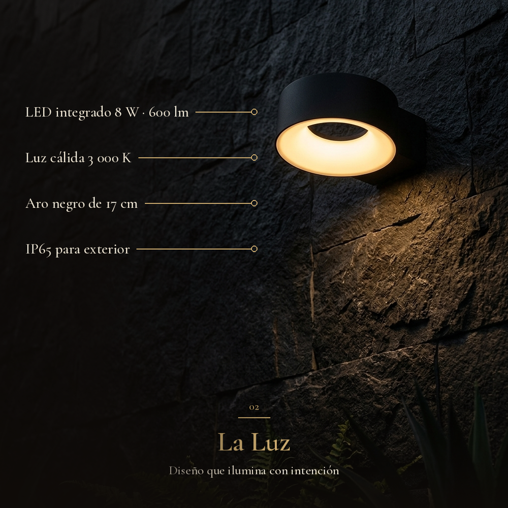 AACHEN II: LED integrado 8 W · 600 lm, Luz cálida 3 000 K, Aro negro de 17 cm, IP65 para exterior