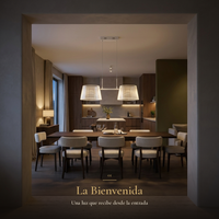AKRIL II encendida sobre la mesa larga del comedor al atardecer