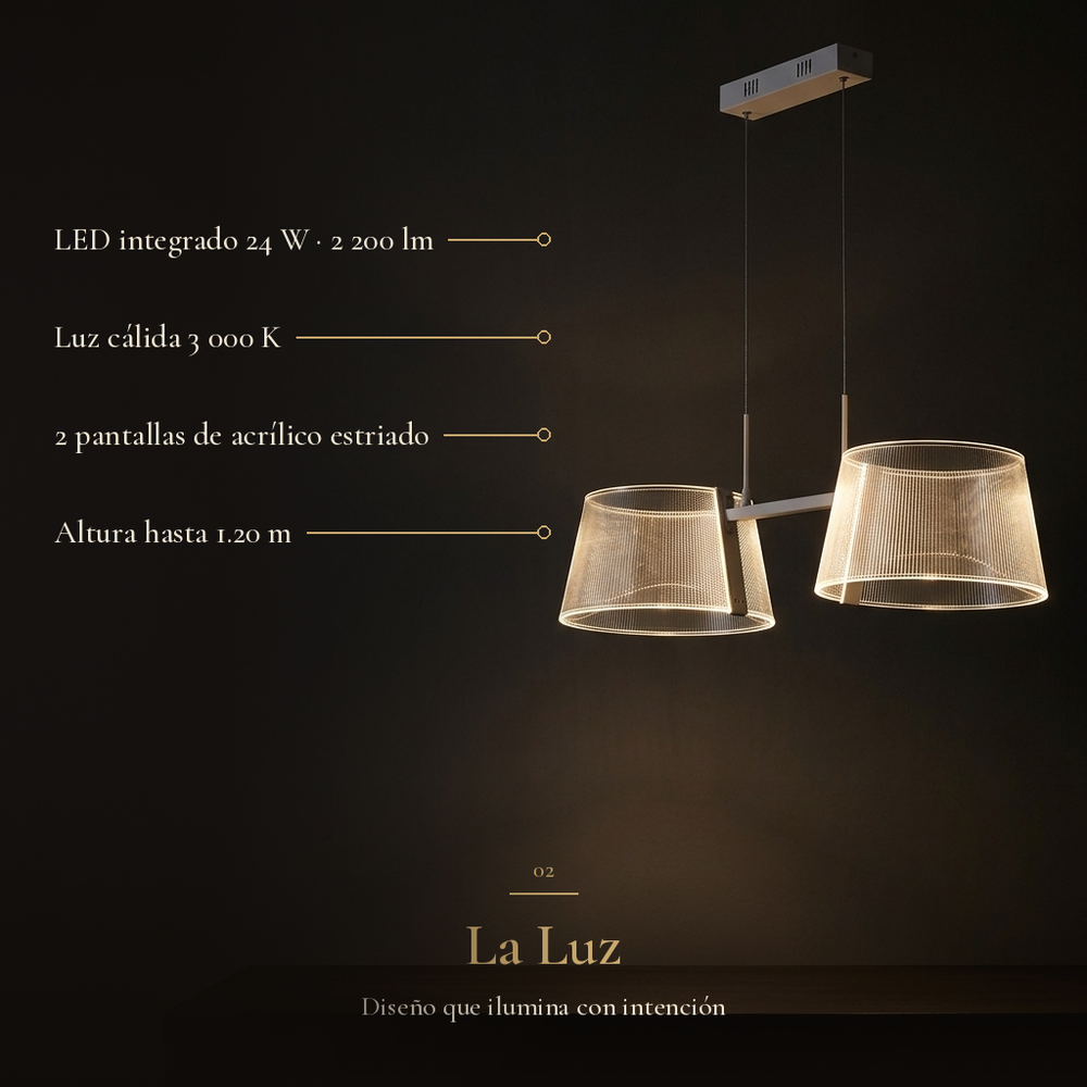 AKRIL II: LED integrado 24 W · 2 200 lm, Luz cálida 3 000 K, 2 pantallas de acrílico estriado, Altura hasta 1.20 m