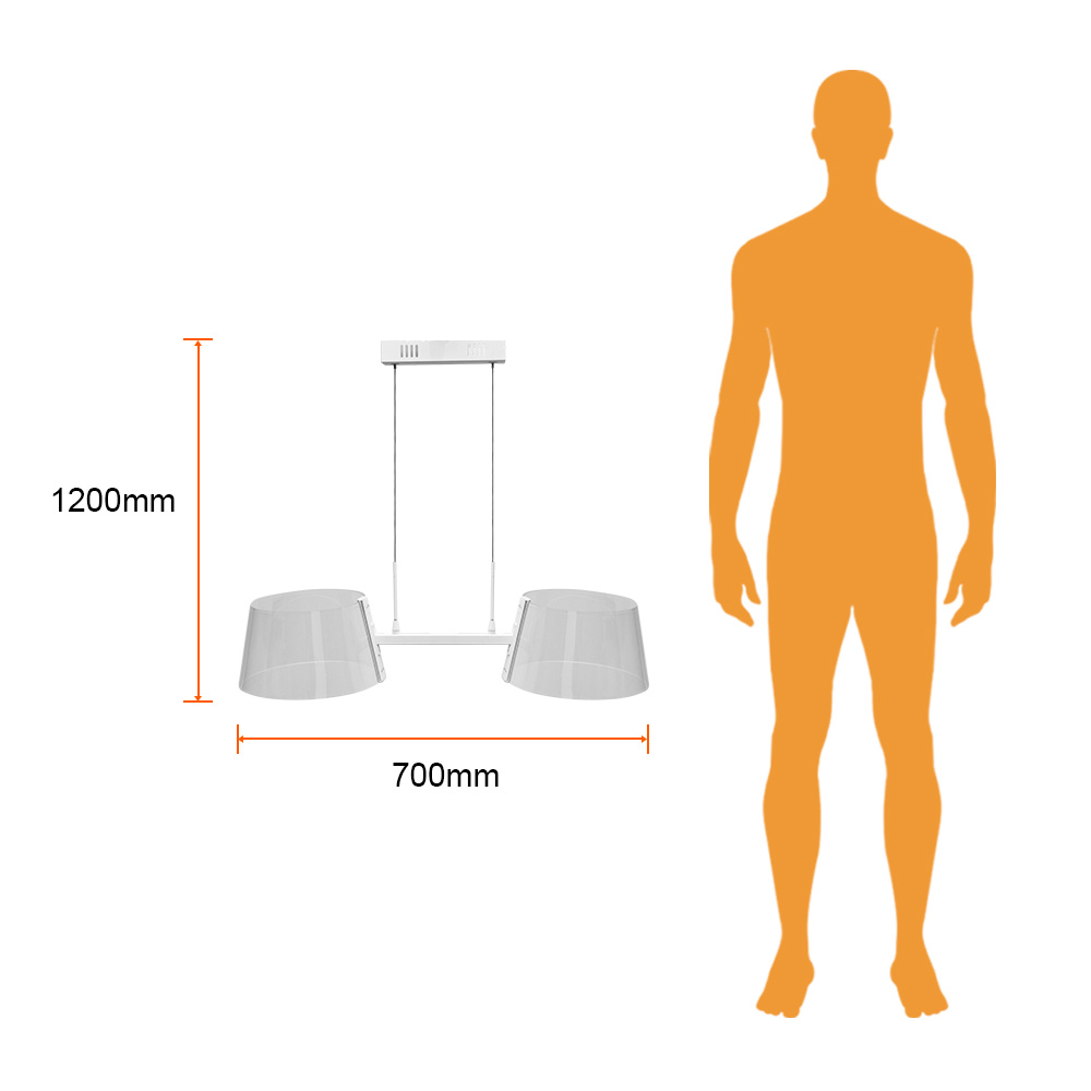 AKRIL II junto a silueta humana para comparar su tamaño: 70 cm de ancho total, pantallas de 25 cm y 1200 mm de altura