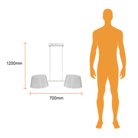 AKRIL II junto a silueta humana para comparar su tamaño: 70 cm de ancho total, pantallas de 25 cm y 1200 mm de altura