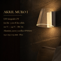 AKRIL MURO I con ficha: LED 6 W, 600 lm, 3000 K, aluminio, acero y acrílico, IP20