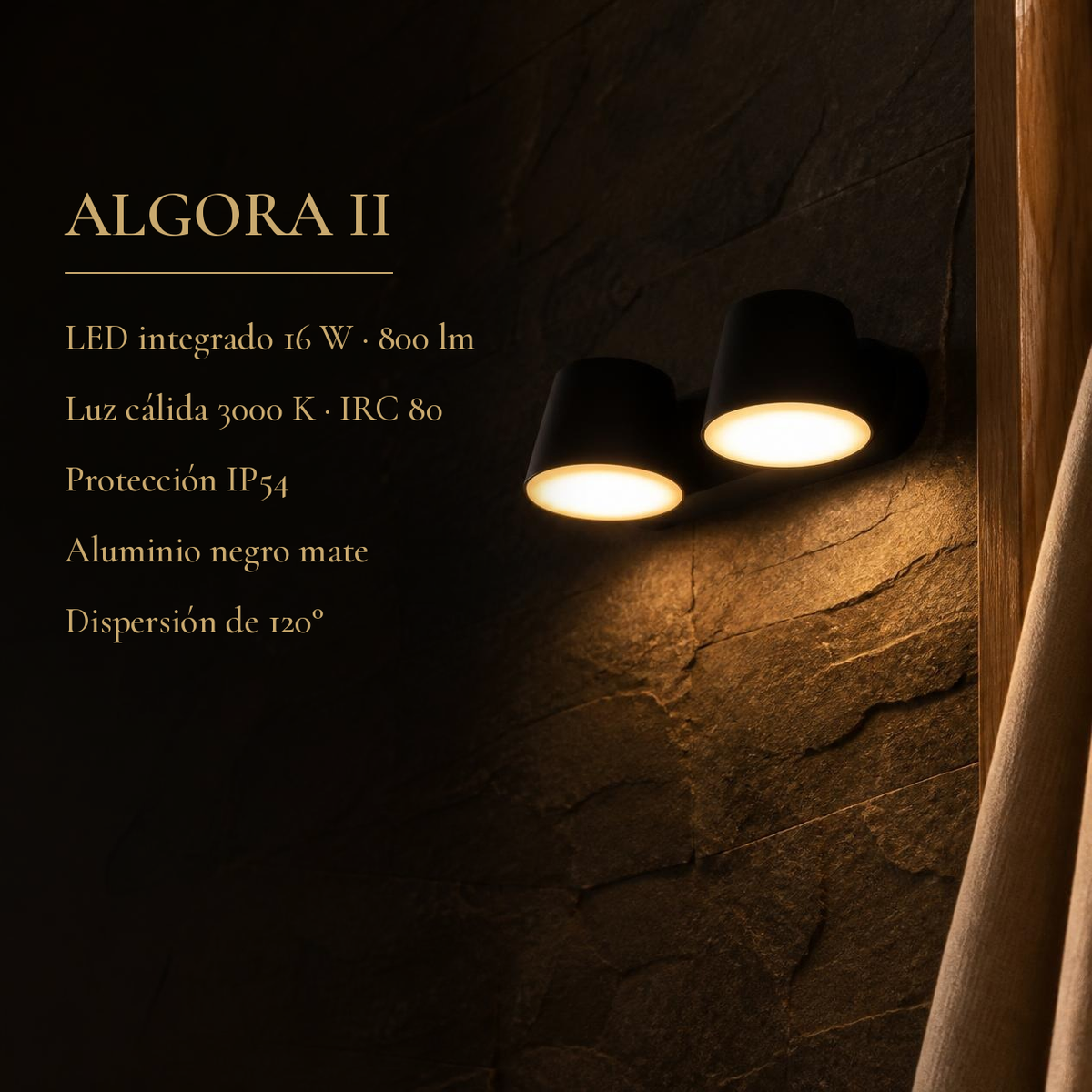 ALGORA II con ficha: LED 16 W, 800 lm, 3000 K, IP54, aluminio negro mate
