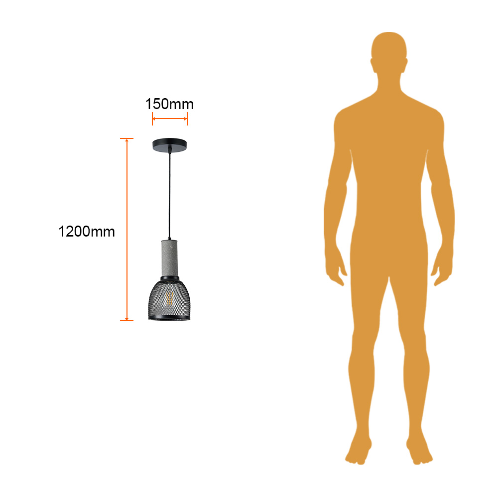 ALPHER junto a silueta humana para comparar su tamaño: pantalla de 150 mm de ancho y 296 mm de alto, altura total 1200 mm