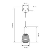 Dibujo técnico con medidas de ALPHER: pantalla de 150 mm de ancho y 296 mm de alto, altura total 1200 mm