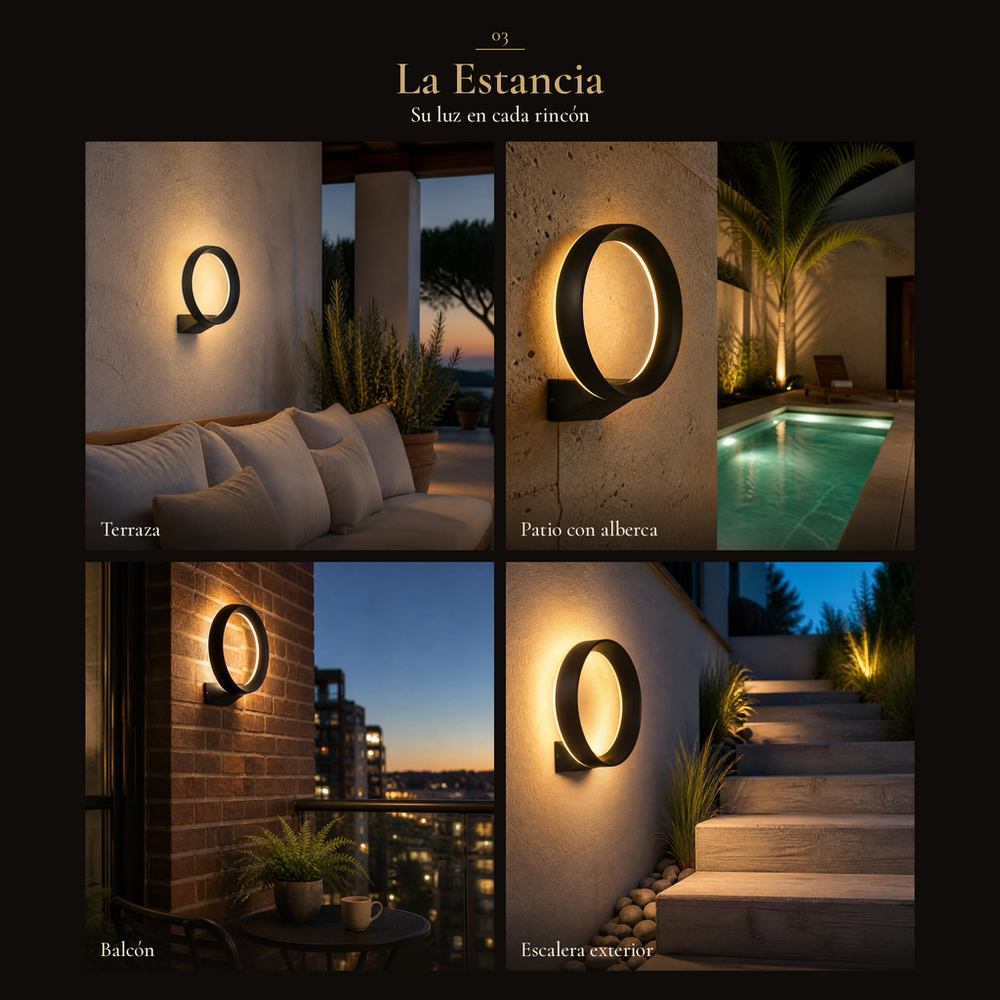 ANELLO I encendido en terraza con sofá, patio con alberca, balcón de ladrillo y escalera exterior