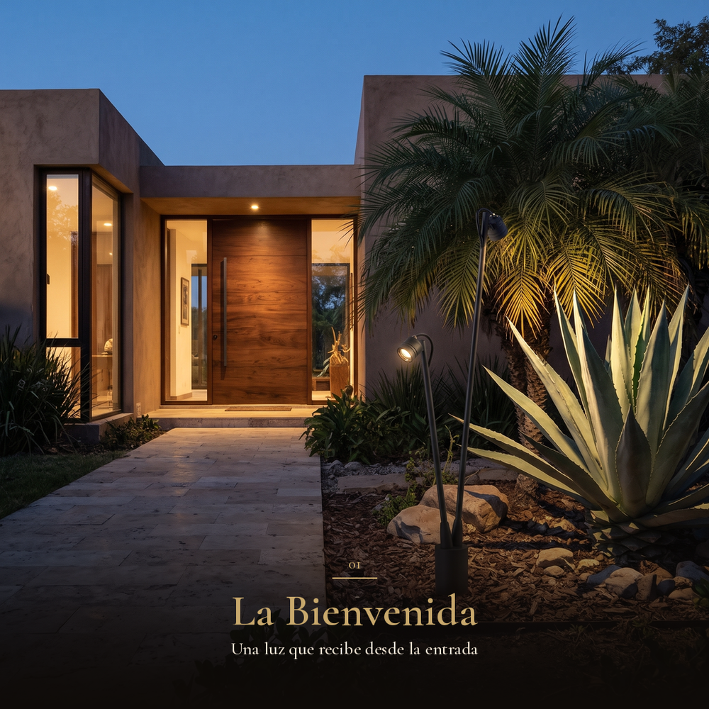 La Bienvenida: ANTEN II encendido iluminando agaves junto al camino de entrada de una casa