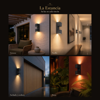 ARCADRO encendido en terraza con pérgola, pasillo con cuadro, fachada con cochera y patio con helechos