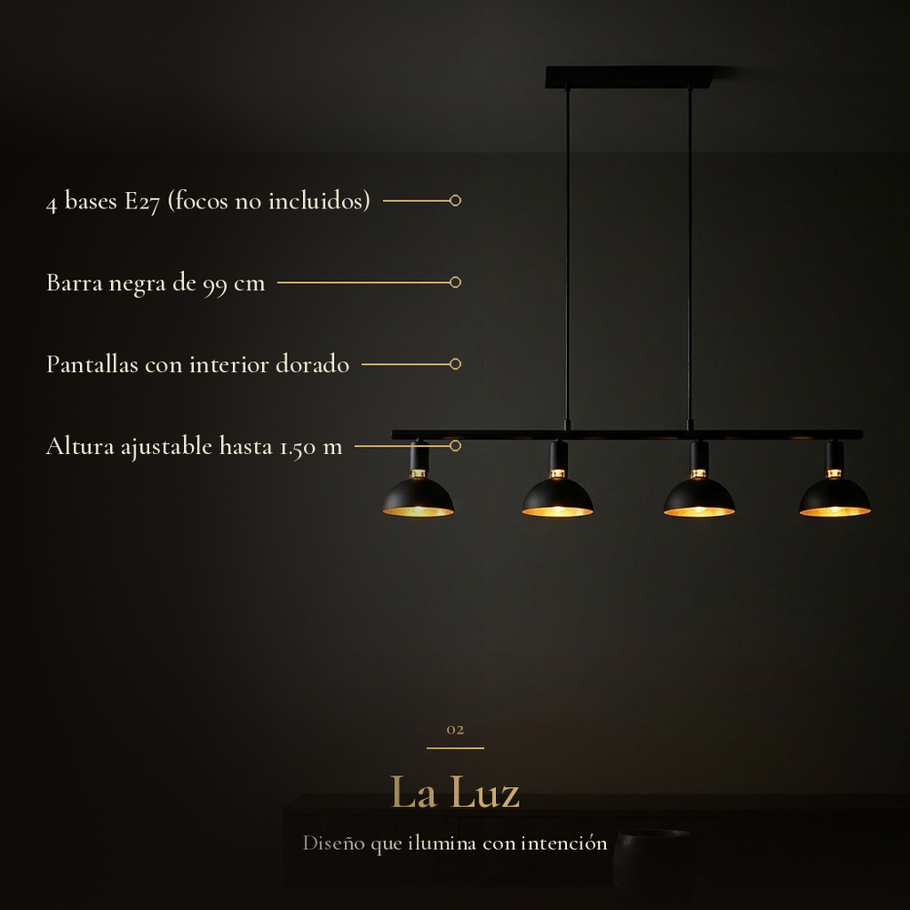 ARNEB II: 4 bases E27 (focos no incluidos), Barra negra de 99 cm, Pantallas con interior dorado, Altura ajustable hasta 1.50 m