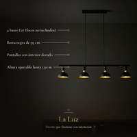 ARNEB II: 4 bases E27 (focos no incluidos), Barra negra de 99 cm, Pantallas con interior dorado, Altura ajustable hasta 1.50 m