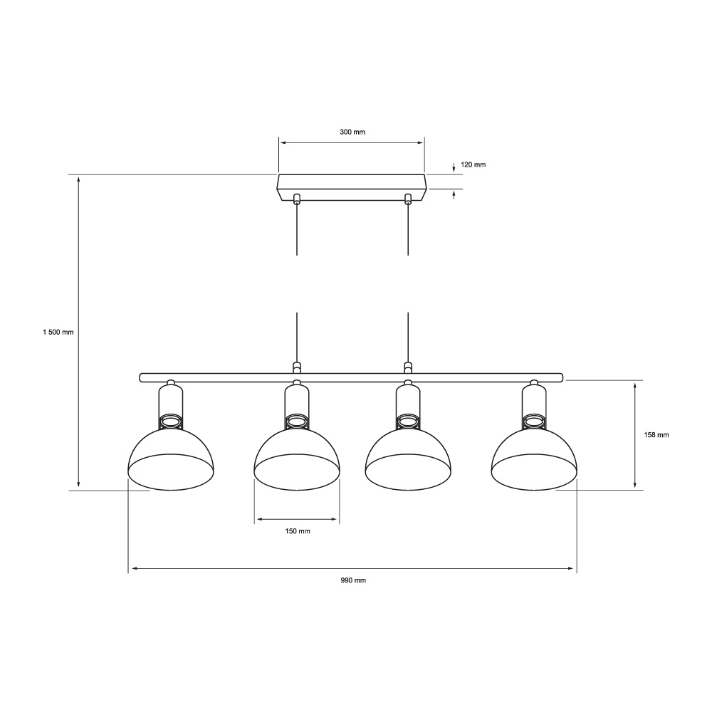 Dibujo técnico con medidas de ARNEB II: barra de 990 mm, pantallas de 150 mm y altura total de 1500 mm