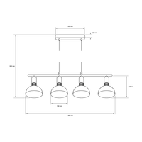 Dibujo técnico con medidas de ARNEB II: barra de 990 mm, pantallas de 150 mm y altura total de 1500 mm