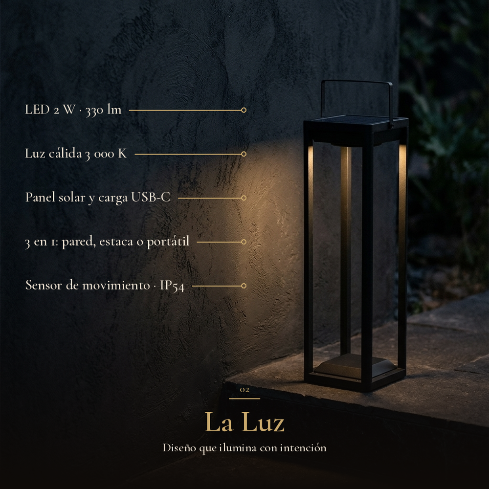 La Luz: ASTER con LED 2 W · 330 lm, Luz cálida 3 000 K, Panel solar y carga USB-C, 3 en 1: pared, estaca o portátil, Sensor de movimiento · IP54