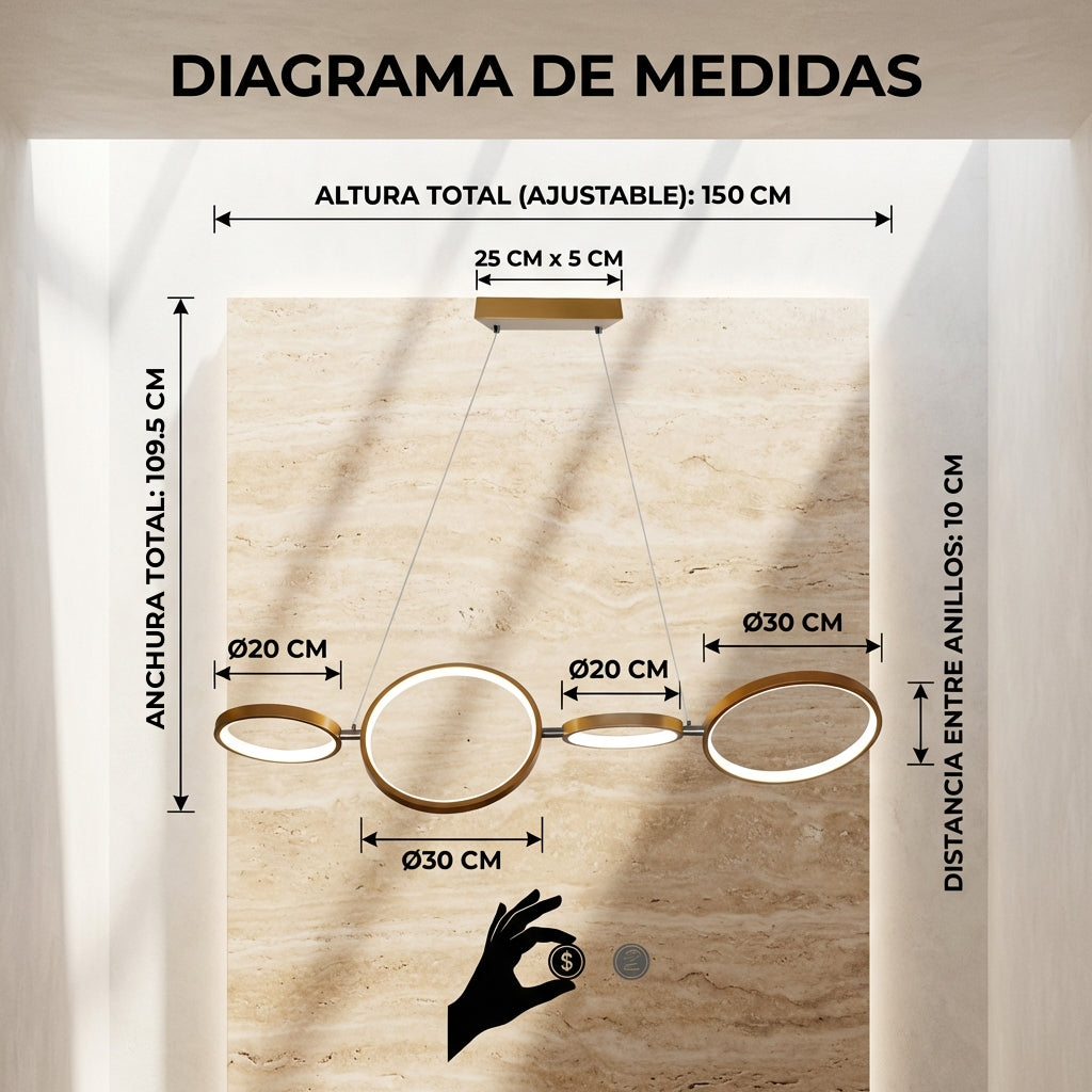 Diagrama de medidas de AUREAL: 109.5 cm de ancho, anillos de 20 y 30 cm, altura máxima de 150 cm