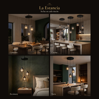 AURORA II en cuatro espacios: comedor, cocina, recámara, barra