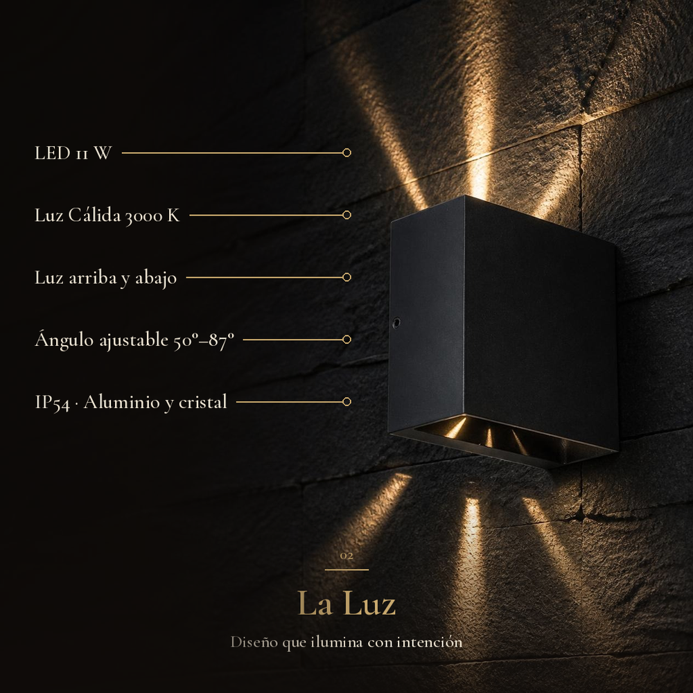 BANNOR encendido en muro de piedra oscura: LED 11 W, 3000 K, luz arriba y abajo, ángulo 50°–87°, IP54