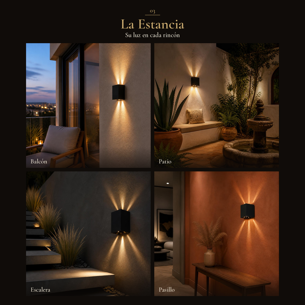 BANNOR encendido en balcón, patio con fuente, escalera de jardín y pasillo terracota