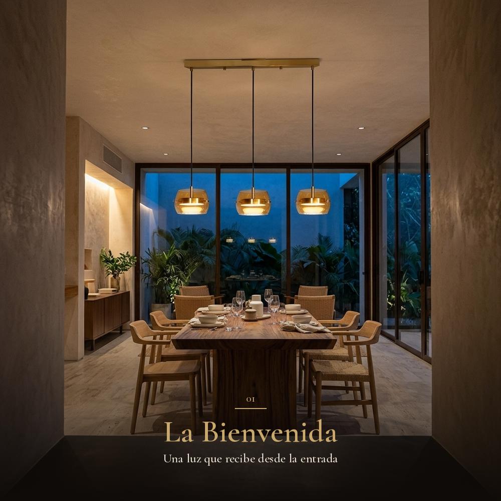 La Bienvenida: BAREL CEILING encendida sobre el comedor al llegar a casa al atardecer