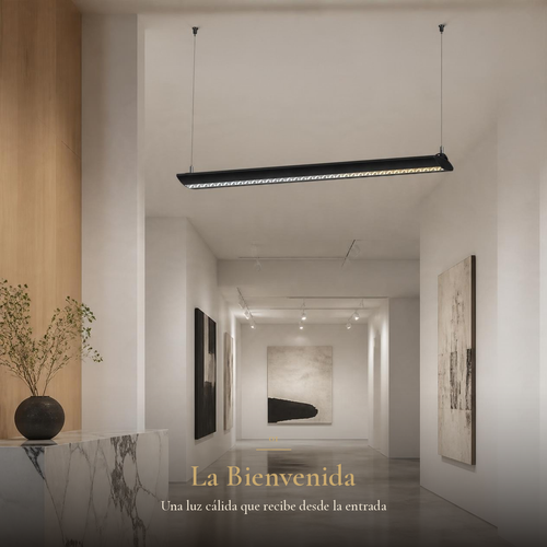 BARNARD lineal negra suspendida en recibidor de galería blanca – Vista Detalle Báez Lumina
