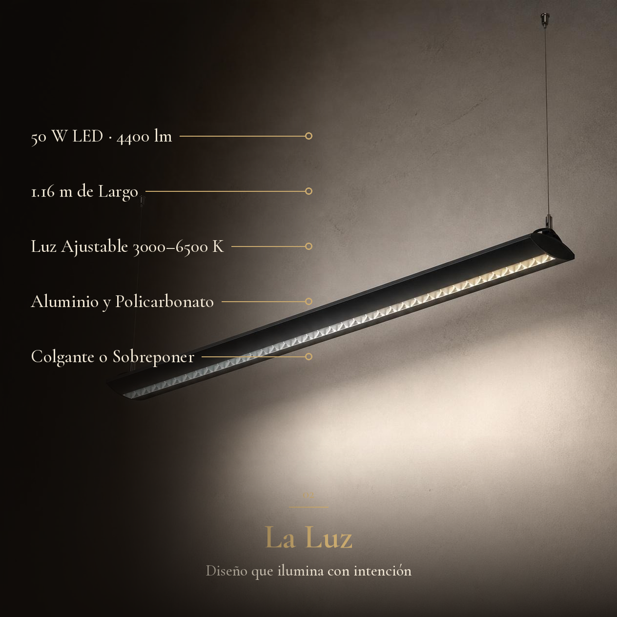 BARNARD con ficha: LED 50 W, luz ajustable 3000 a 6500 K, aluminio y policarbonato, colgante o sobreponer