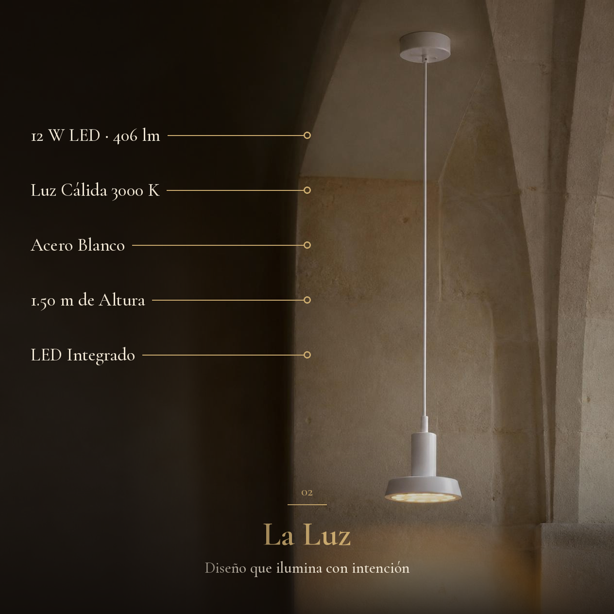 BELEL I con ficha: LED 12 W, luz cálida 3000 K, acero blanco, 1.50 m de altura