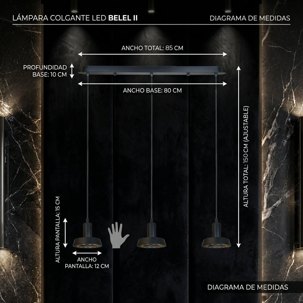 Diagrama de medidas de BELEL II: 85 cm de ancho, pantallas de 12 cm y altura máxima de 150 cm