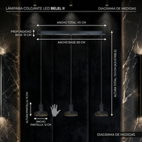 Diagrama de medidas de BELEL II: 85 cm de ancho, pantallas de 12 cm y altura máxima de 150 cm