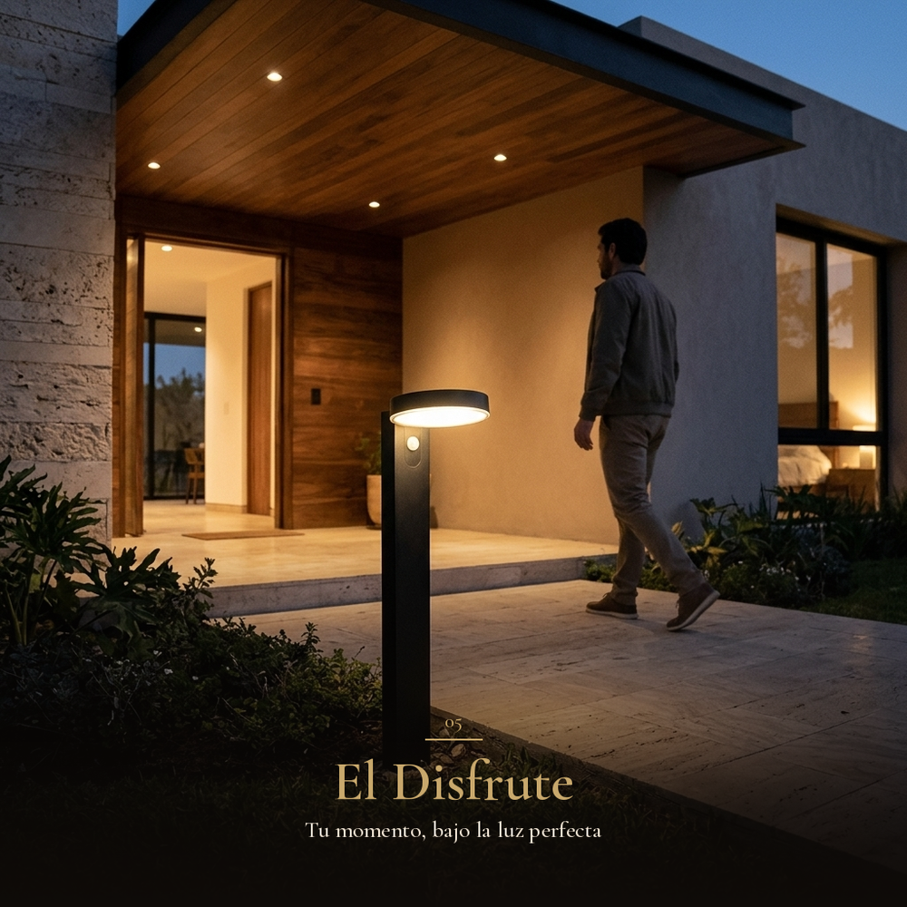 El Disfrute: Hombre llegando a casa de noche bajo el pórtico iluminado por BIDA II