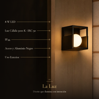 BOITE con ficha: LED 8 W, luz cálida 3000 K, IRC 90, IP44, acero y aluminio negro, uso exterior