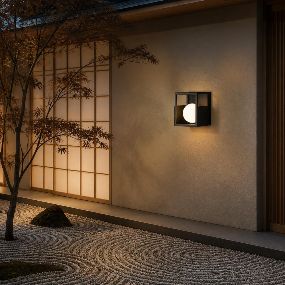 BOITE en muro de casa japonesa frente a jardín zen de grava