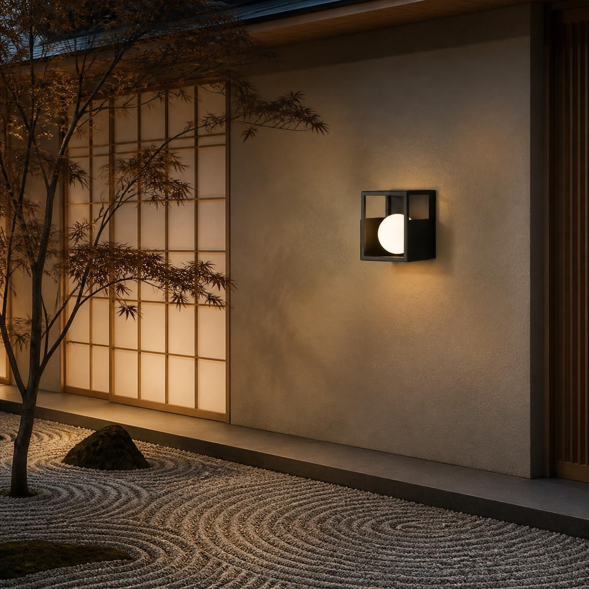 BOITE en muro de casa japonesa frente a jardín zen de grava