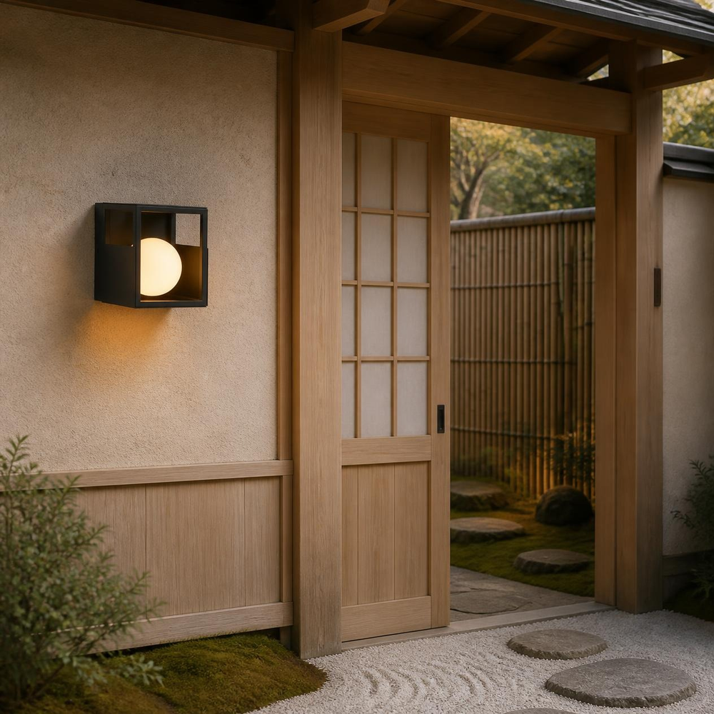 BOITE junto a puerta de madera con cristal en acceso de jardín