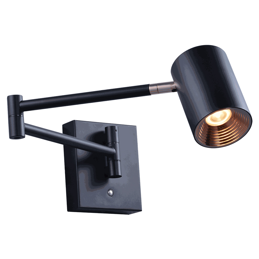 BRACCIO arbotante LED negro con brazo articulado y cabezal cilíndrico de reflector cobre, fondo blanco