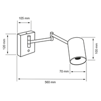 Dibujo técnico de BRACCIO: 560 mm de extensión, base de 105 x 120 mm y cabezal de 70 x 100 mm