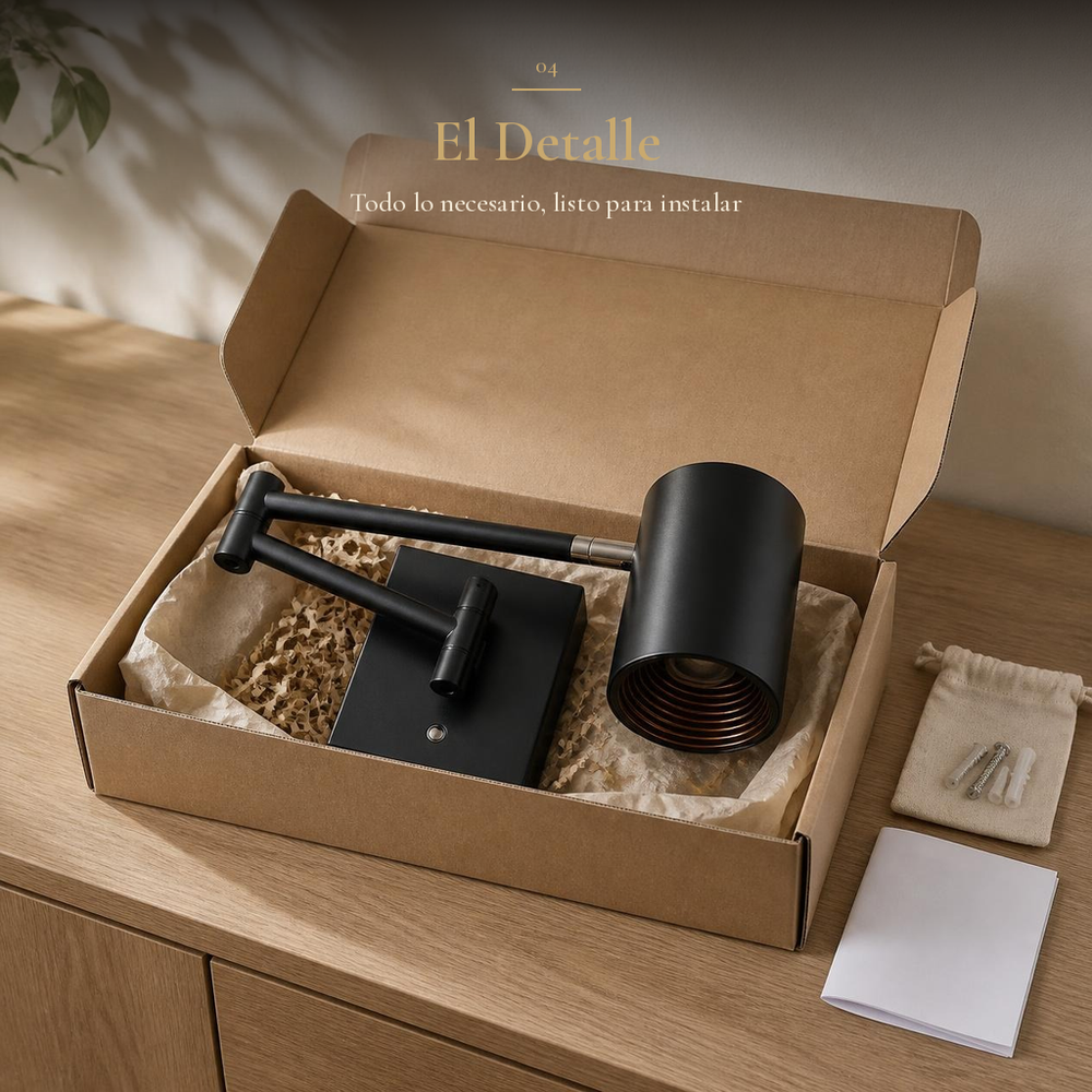 BRACCIO desempacado en caja kraft sobre credenza de roble, con bolsa de tornillos y taquetes e instructivo