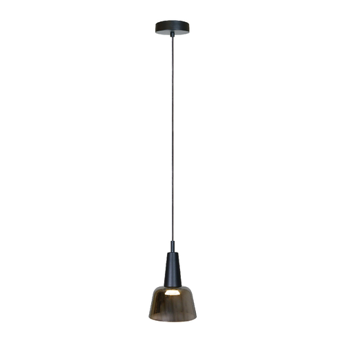 BUBUP lámpara colgante LED con pantalla de cristal humo y soporte negro, encendida, fondo blanco – Lámpara de Diseño Báez Lumina