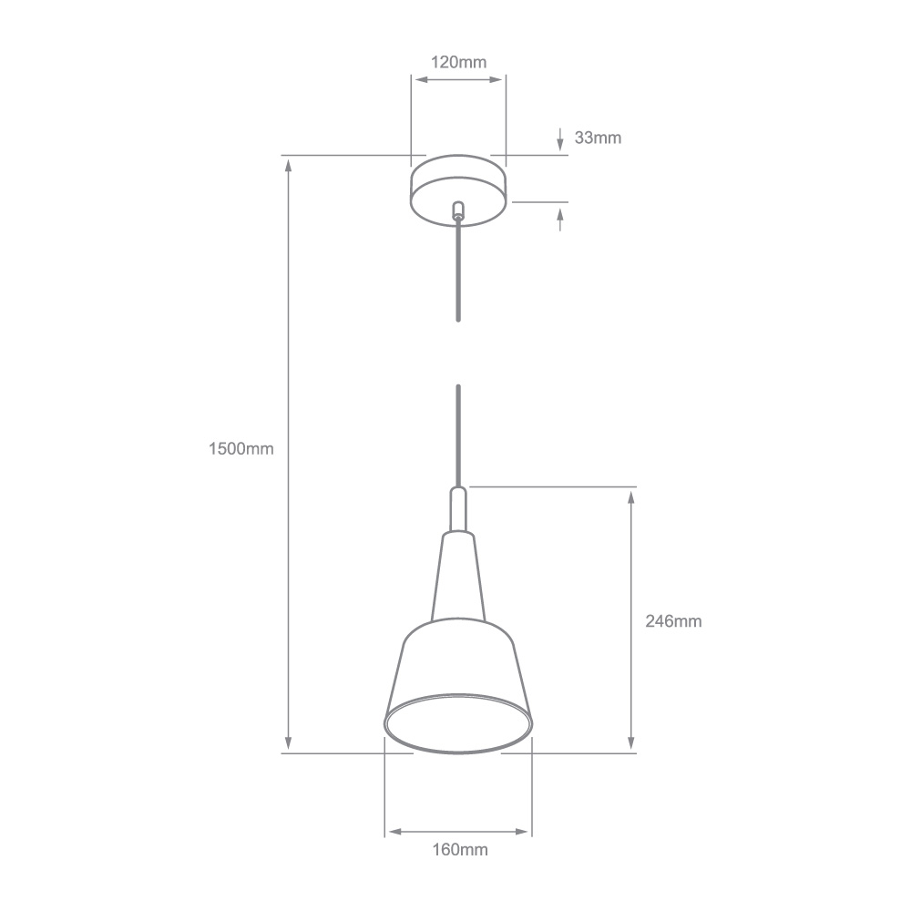 Dibujo técnico de BUBUP: 1500 mm de altura, florón de 120 mm y pantalla de 160 mm